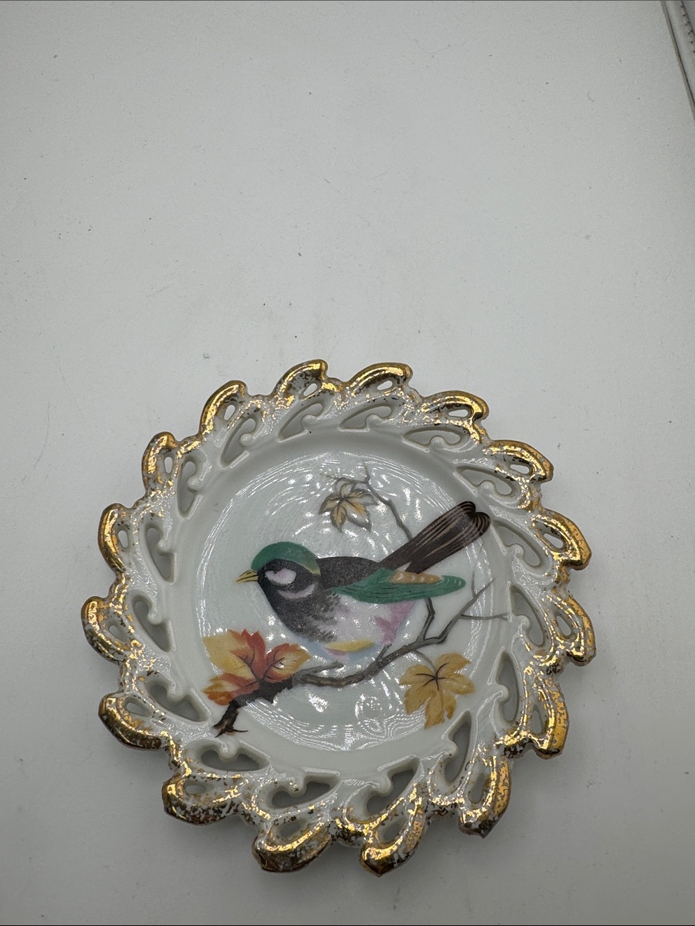 Vintage 50’s Porcelain Bird Trinket Dish Gold Gilt Reticulated Edge Decorative